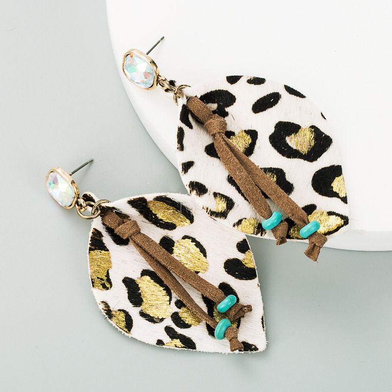 Leather Leopard Print Bronzing Diamond Earrings