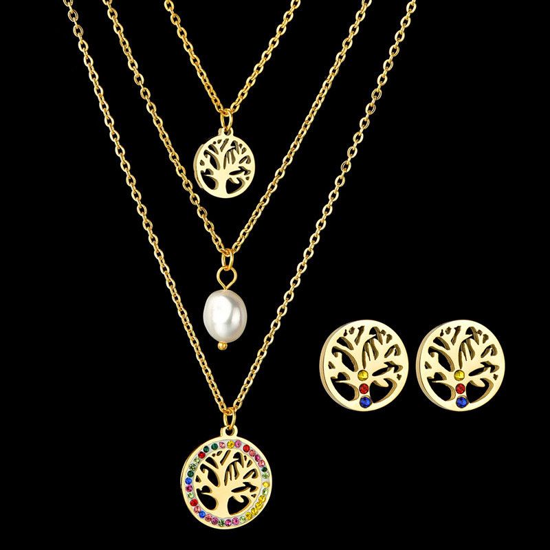 Tree Of Life Earrings Stainless Steel Necklace Set