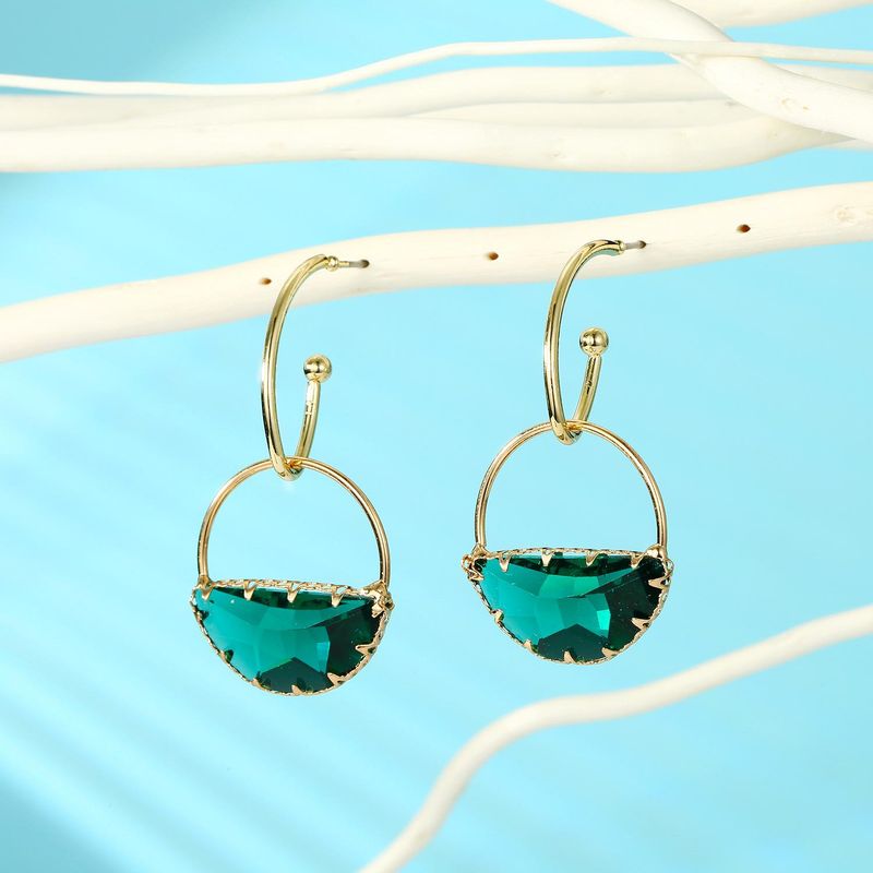 Simple Green Semi-circular Crystal Earrings Handmade Multi-faceted Glass Earrings 925 Silver Korean Earrings