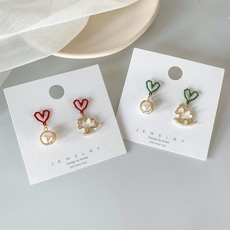 S925 Silver New Korean Geometric Love Pearl Trojan Earrings Cute Girl Sweet Earrings