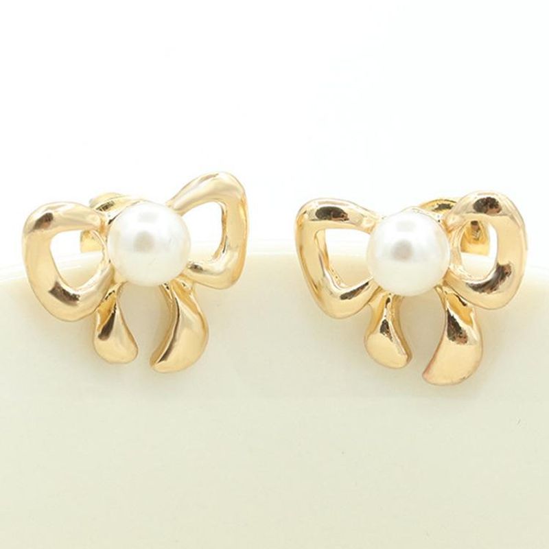 Simple Bow Earrings Gold-plated Silver Inlaid Pearl Earrings 8-shaped Bow Tie Earrings Wholesale