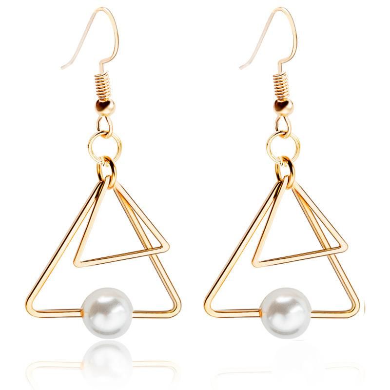 Europäische Und Amerikanische Heiß Verkaufte Mehr Schicht Ige Geometrische Dreieckige Ohrringe Retro Perle Doppelte Dreieckige Ohrringe Hersteller Großhandel