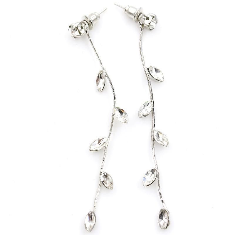Korean Fashion Jewelry Leaf Crystal Diamond Delicate Long Tassel Earrings Wholesale