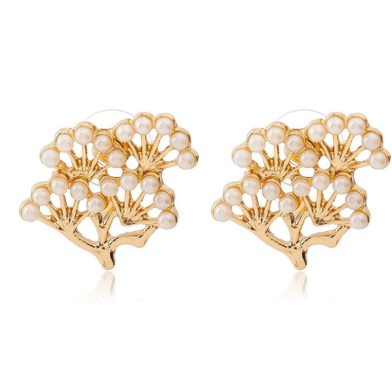 New Style Pine Earrings Twig Earrings Gold-plated Silver Inlaid Small Pearl Earrings Leaf Earrings