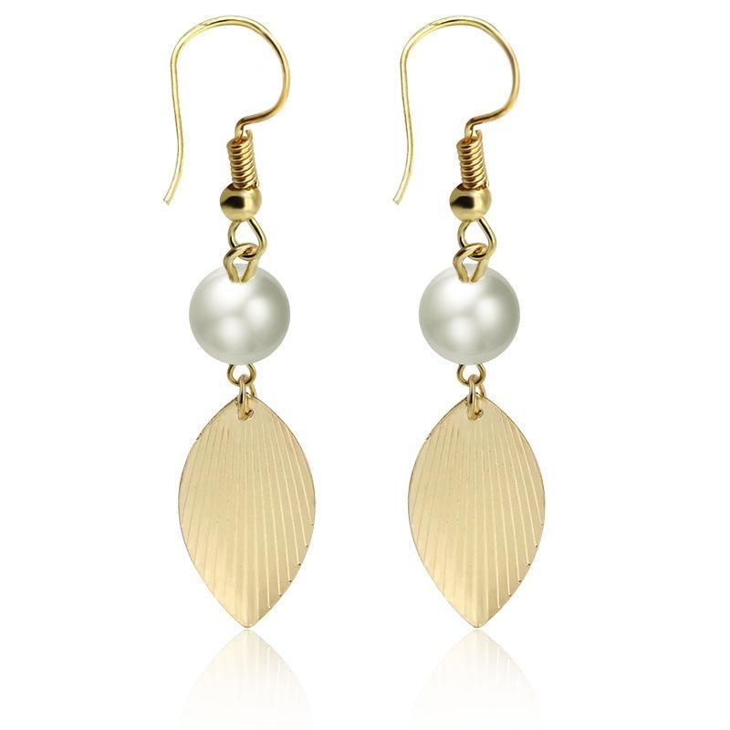 Fashion Golden Tree Leaf Earrings Handmade Large Leaf Pearl Pendant Earrings