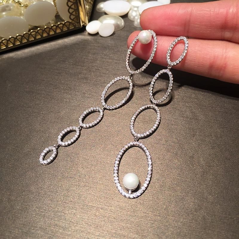 Fashion Asymmetric Gradient Oval Earrings Female Long Tassel S925 Silver Pearl Earrings