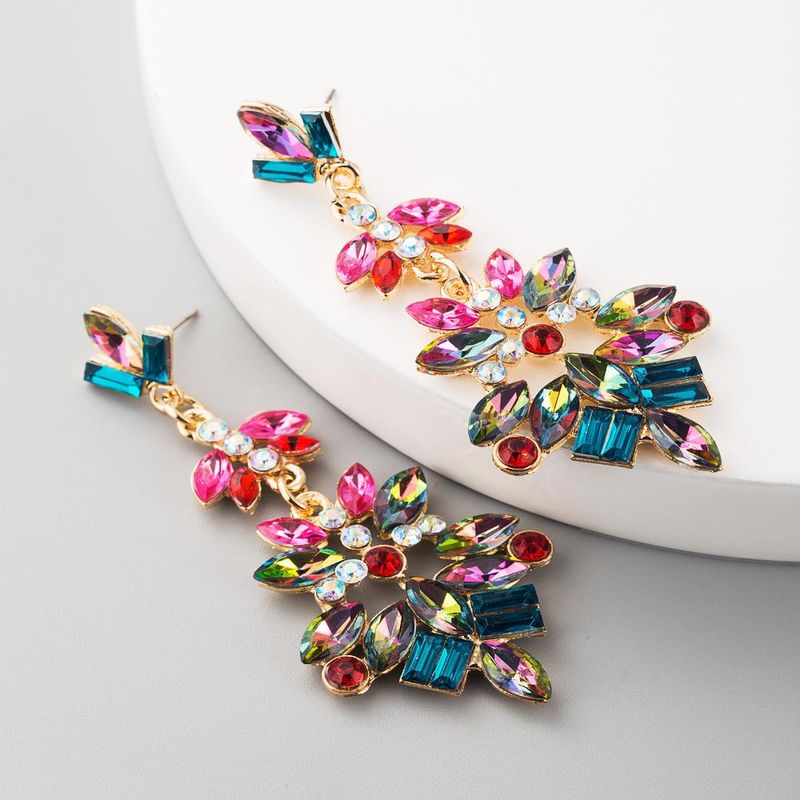 Fashion Multilayer Alloy Rhinestone Glass Diamond Flower Color Earrings Retro Earrings