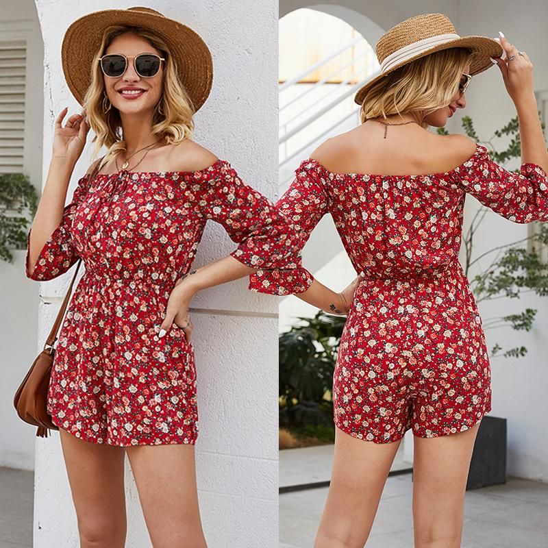 New Bohemian Neckline Lace-up Collar Cropped Sleeve Floral One-piece Shorts
