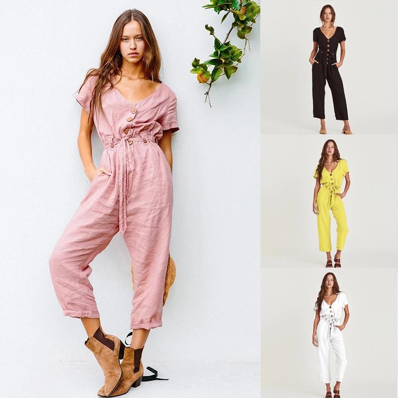 Fashion Women's New Single-breasted Wild Nine-point Jumpsuit