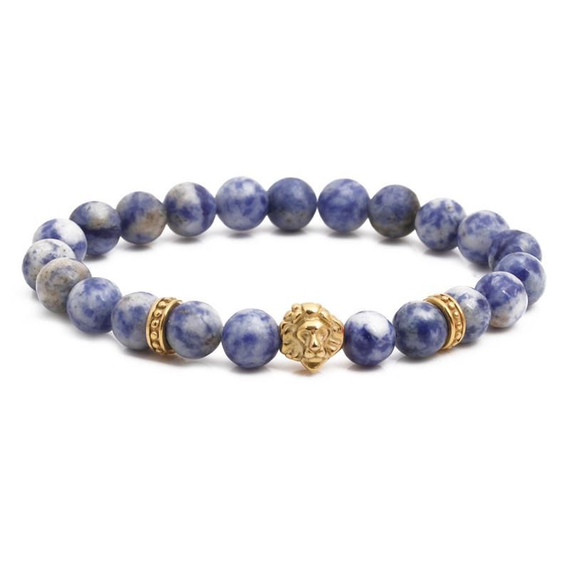 Fashion Stainless Steel Lion Head Bracelet Natural White Dot Blue Stone Beaded Men And Women Bracelet