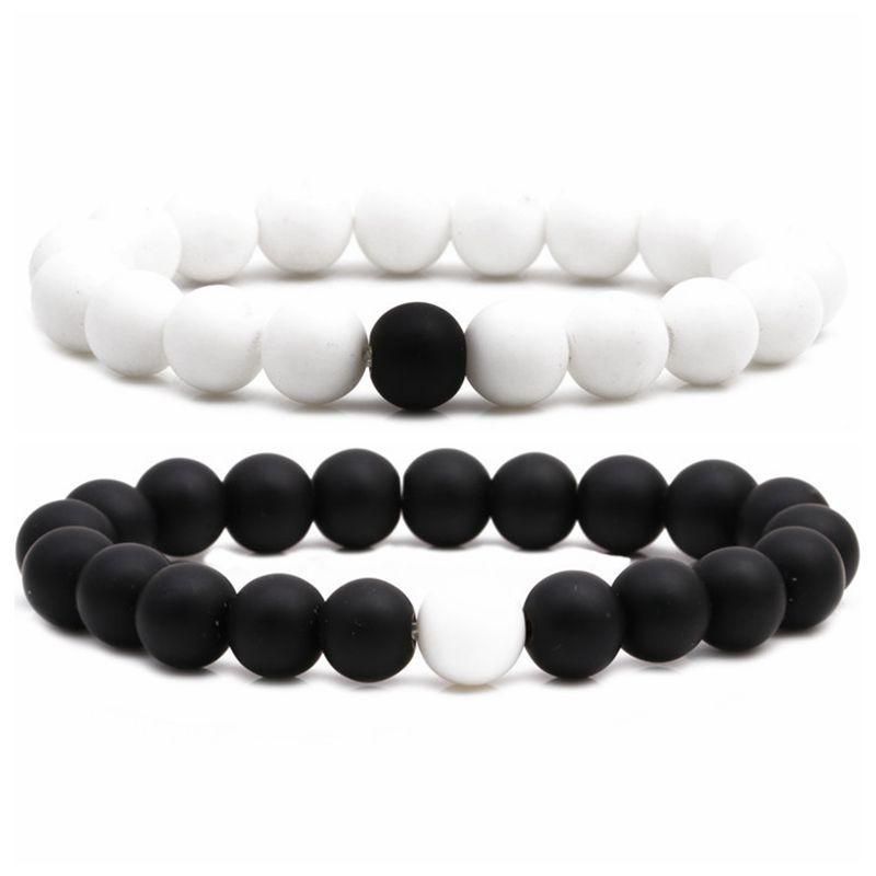 Pulsera De Cuentas De Piedra Blanca De Porcelana Esmerilada Negra De 10 Mm De Moda Pulsera De Cuentas De Cadena Elástica