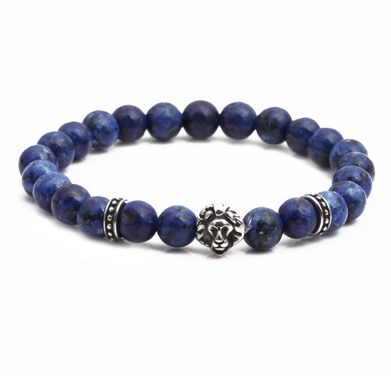 Stainless Steel Lion Head Bracelet Blue Stone Beaded Men&#39;s Bracelet