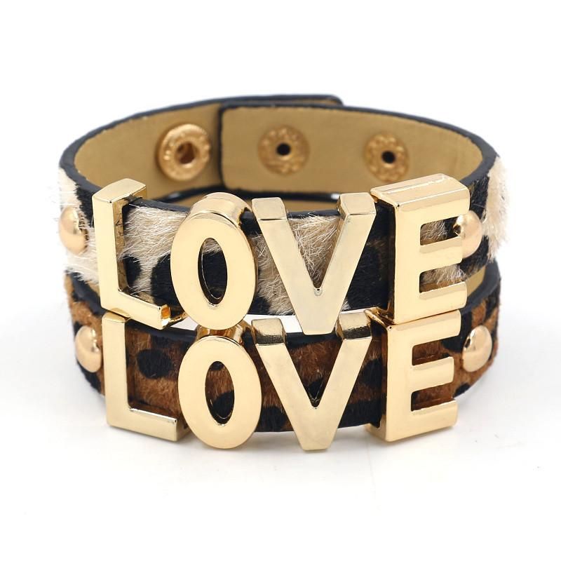 Europäisches Und Koreanisches Neues Mode Armband Goldenes Love Armband Weibliche Kaffee Farbe Leoparden Muster Rosshaar Leder Knopf Armband