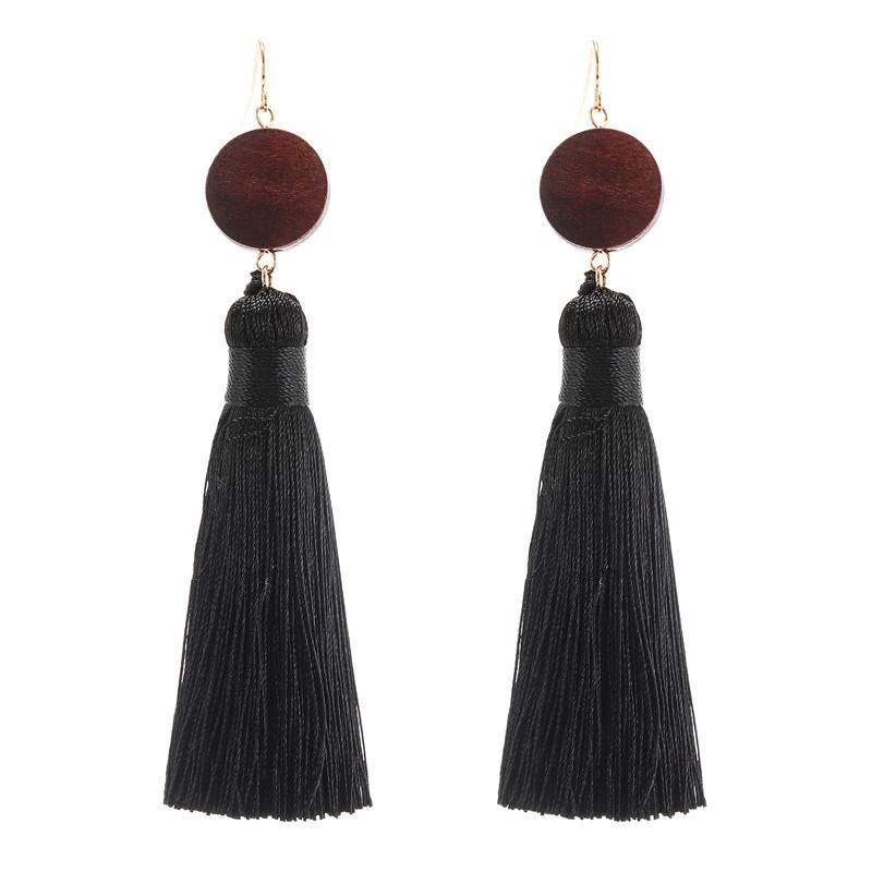 Retro Trendy Long Black Fringe Wood Earrings Wholesale Jewelry Women