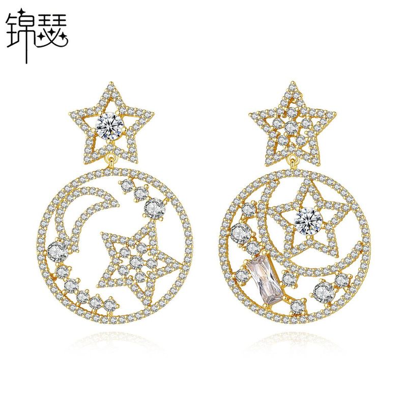 Fashion Korean Sweet Lady Xingyue Earrings Hollow Copper Inlaid Zirconium Stud Earrings