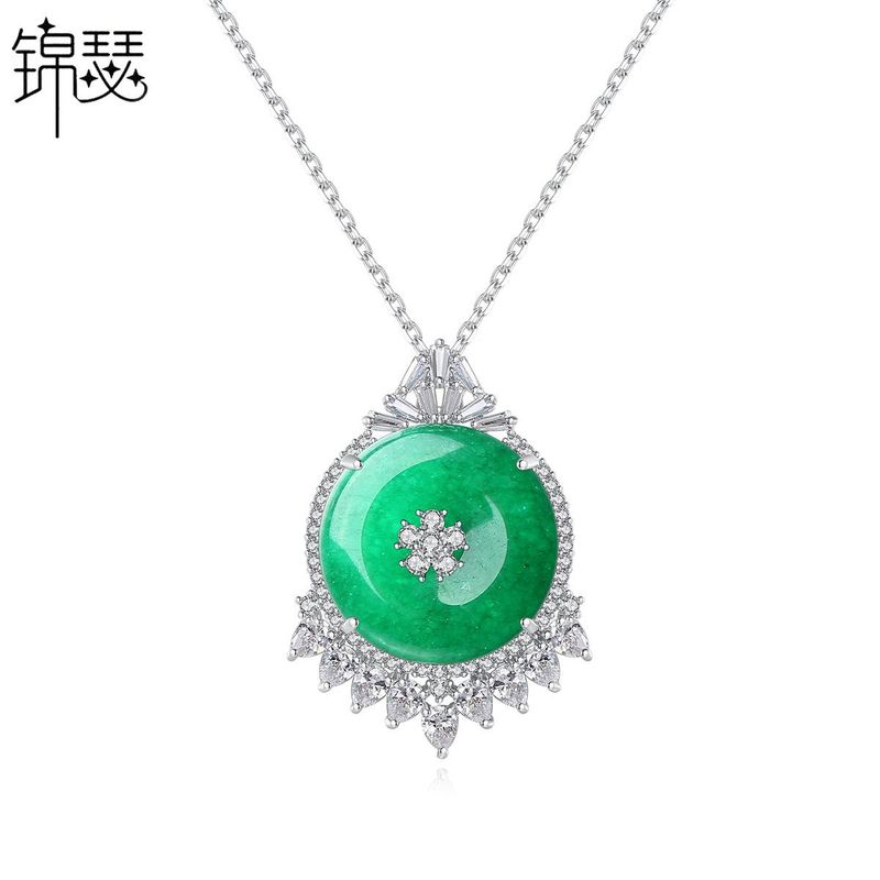 Korean Fashion New Banquet For Women Necklace Copper Inlaid Zircon Green Chalcedony Necklace