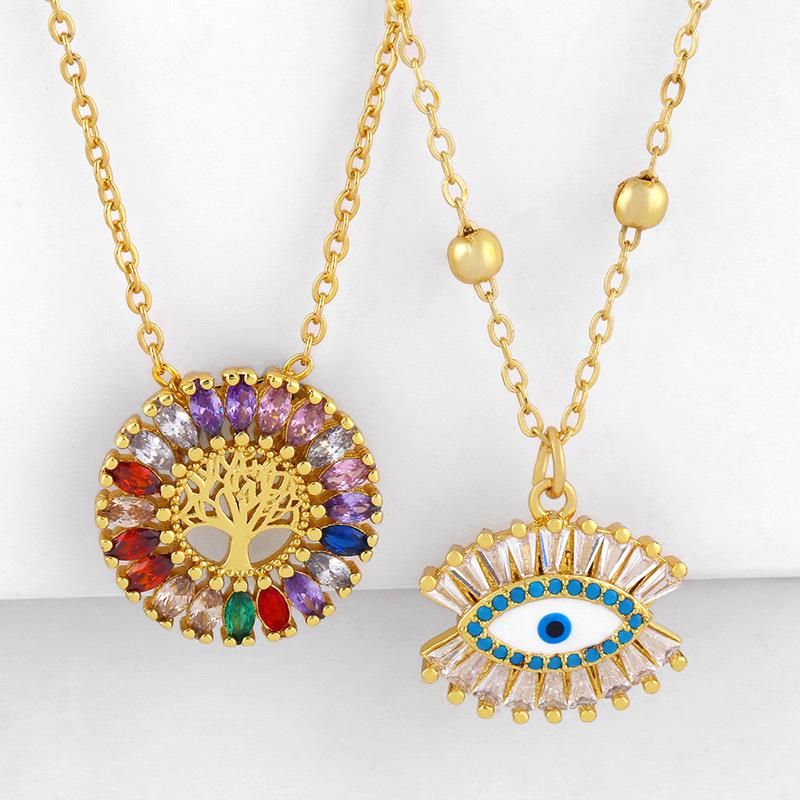 Style Européen Et Américain Collier Ins À La Mode Nouvelle Micro-incrusté Gemme Multicolore Chanceux Arbre Rond Pendentif Collier Clavicule Chaîne Nkq20