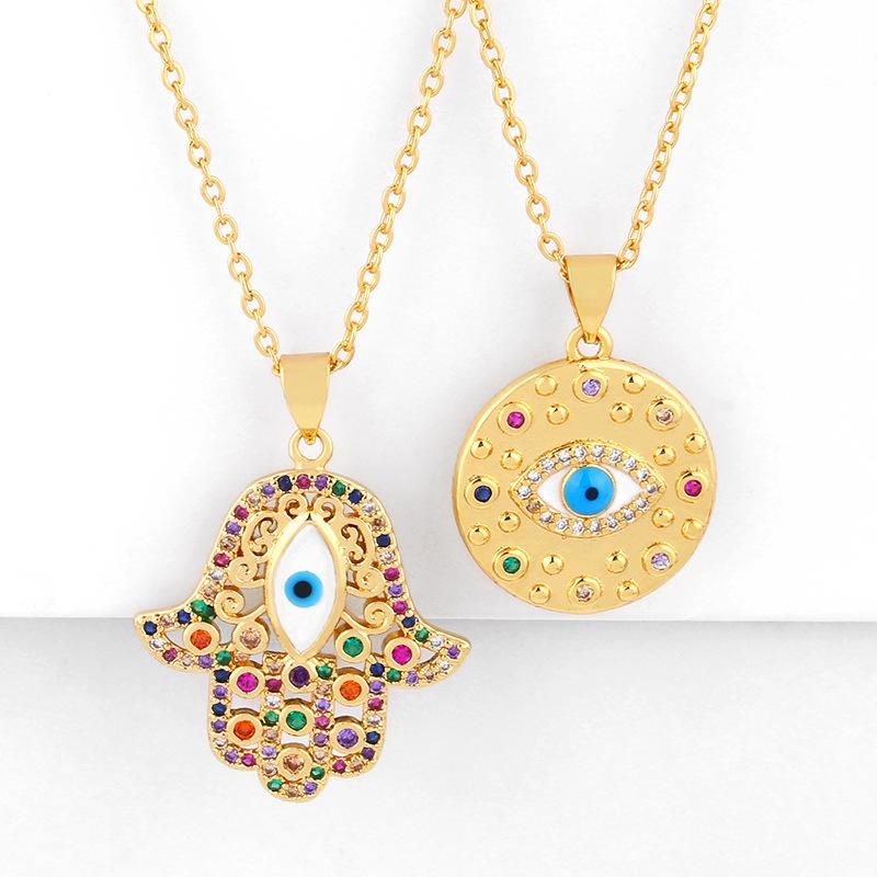 Européen Et Américain Bijoux Turquie Bleu Yeux Incrustés Couleur Diamant Collier Femelle Collier Rond Pendentif Chandail Chaîne Nkq18