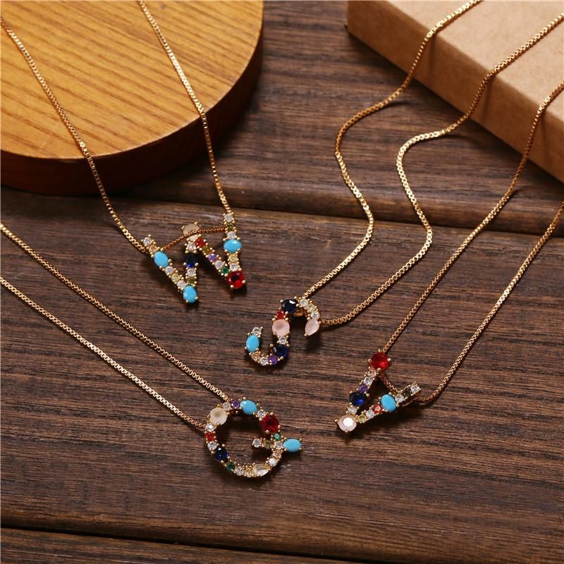 Necklace Clavicle Chain Micro Inlaid Color Zircon 26 Letter Necklace For Women