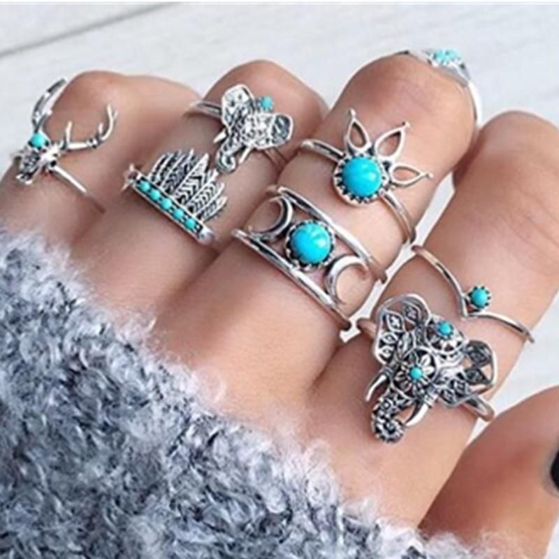 New Jewelry Animal Deer Head Elephant Ring 7 Piece Feather Moon Turquoise Ring Set