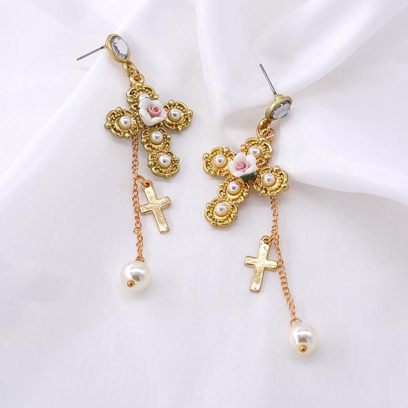 Exaggerated Golden Cross Earrings Vintage Long Baroque Earrings