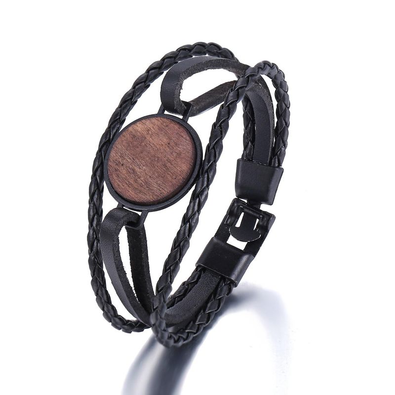 50370 Han Zhi Shang Gewebtes Rundes Holzstück Kunstleder Armband Neues Kreatives Einfaches Schwarzes Herren Armband