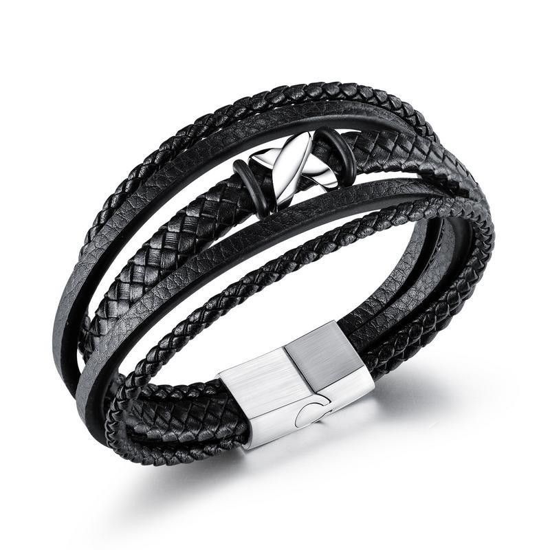 Wholesale Men's Multi-layer Woven Leather Bracelet Stainless Steel X-shaped Leather Bracelet