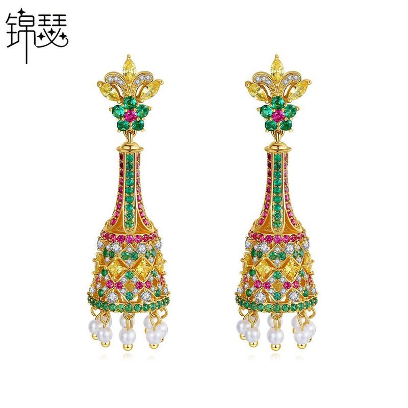 Jinse Jinyuan Boucles D'oreilles New Creative Rétro Coloré Longue Cloche Perle Cour De Femmes Banquet Boucles D'oreilles Boucles D'oreilles