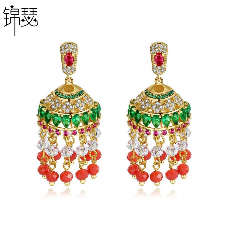 Vintage Court Style Luxury Super Fairy Earrings Ethnic Copper Zircon Green Diamond Tassel Earrings