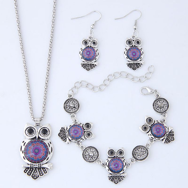 Fashion Metal Wild Vintage Owl Necklace Bracelet Earring Set
