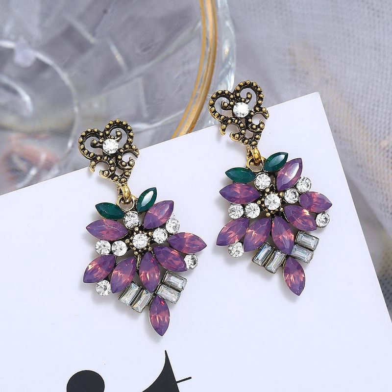 Alloy Diamond Floral Earrings For Women Retro Color Rhinestone Long Earrings