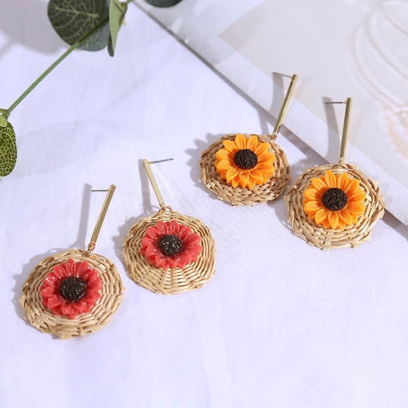 Koreanische Lange Geometrische Sonnenblume Rattan Blumen Ohrringe Frauen Ins Retro Europäischen Und Amerikanischen Retro-harz-ohrringe Schmuck