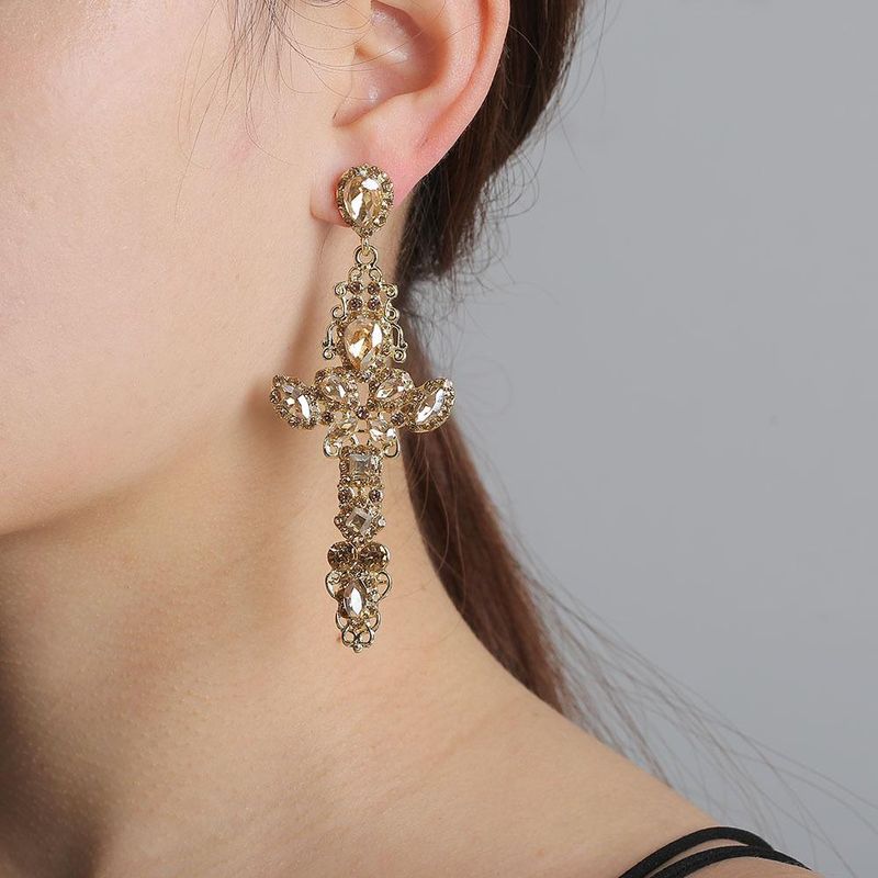 New Fashion Cross Diamond Retro Palace Hollow Wild Fresh Earrings Wholesale