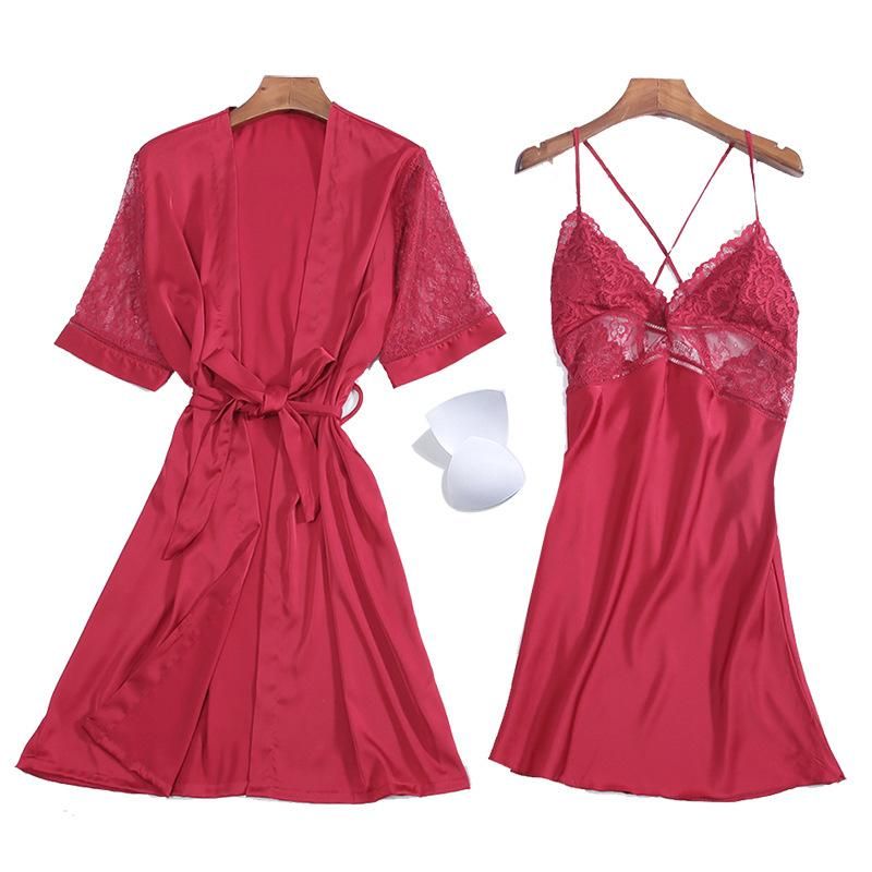 Silk Ladies Home Service Sexy Chest Skirt With Chest Pads Seven-quarter Sleeves Hollow Pajamas Two-piece Wholesale