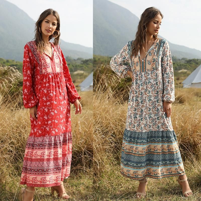 Vestido Largo Estampado Bohemio Costuras Sueltas De Manga Larga Para Mujer Nuevo