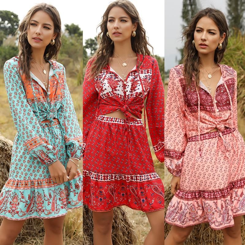 Bohemian Printed Lantern Loose Long-sleeved Women's Skirt Tops Two Suits