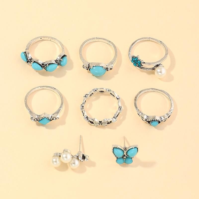Vintage Fashion Geometric Blue Turquoise Ring Butterfly Pearl Ring 8 Piezas Set