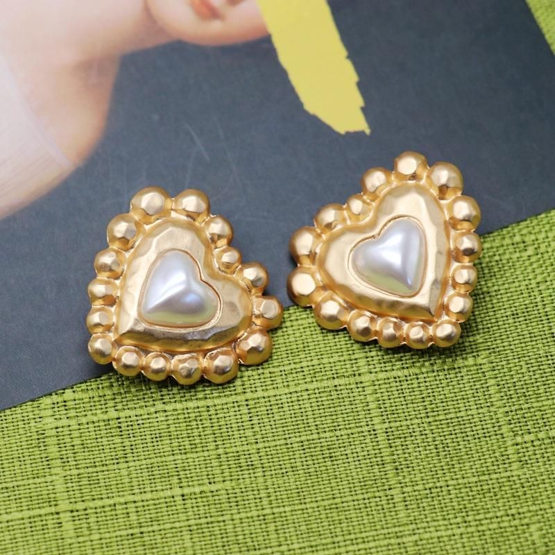 Matte Gold Heart 925 Silver Pin Retro Large Stud Earrings