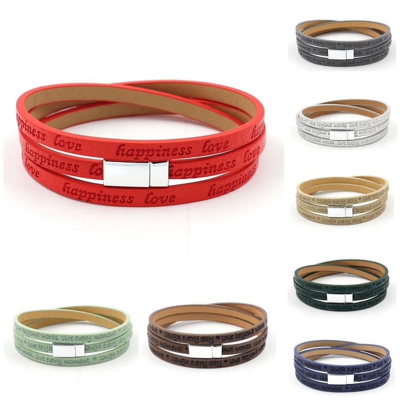 New Fashion Leather Strip Lettering Embossed Bracelet Magnetic Buckle Multilayer Printed Pu Leather Multilayer Bracelet