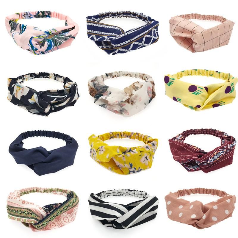 Spring New Hair Accessories Pure Color Fabric Floral Stripe Cross Hair Band Wholesale