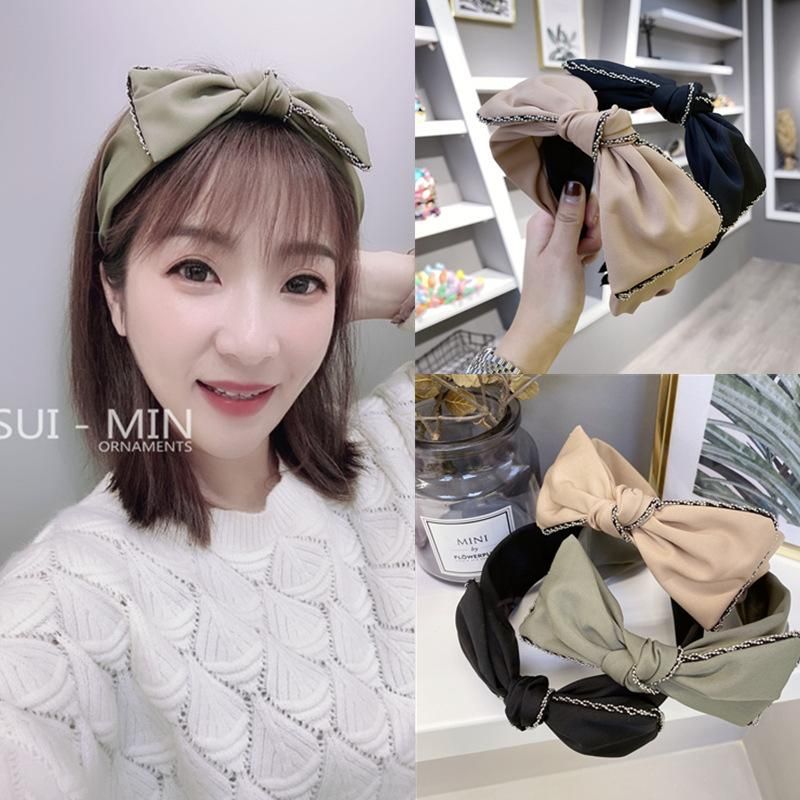 Korean Simple Solid Color Beaded Bow Wide Side Cheap Headband Women Wholesale