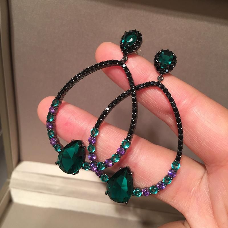 Drop Earrings Emerald Light Luxury Oval S925 Silver Pin Black Earrings Round Face