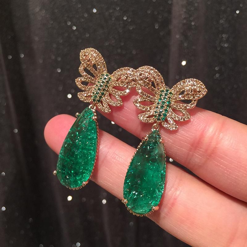 Golden Butterfly Earrings Hollow Super Fairy Emerald Tourmaline Earrings S925 Silver Needle Luxury Exaggeration Large Earrings