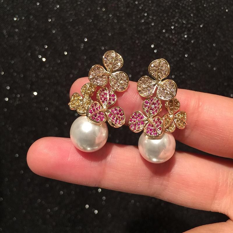 Colorful Flower Earrings S925 Silver Needle Luxury Leaf Pearl Earrings