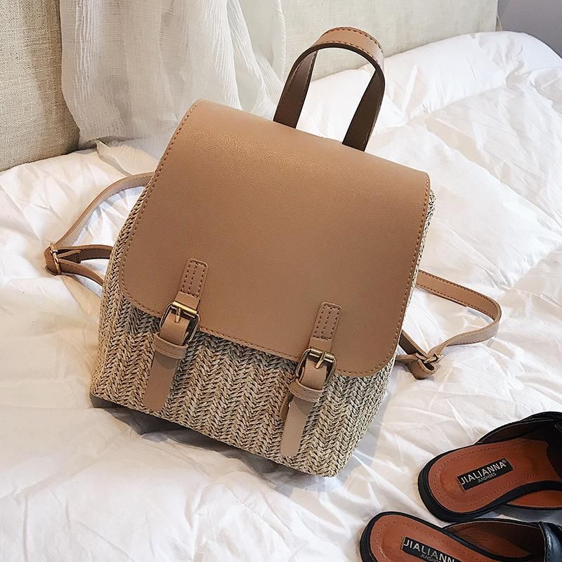 Straw Backpack Summer New Women&#39;s Bag Leisure College Style Small Backpack Korean Retro Vacation Beach Bag