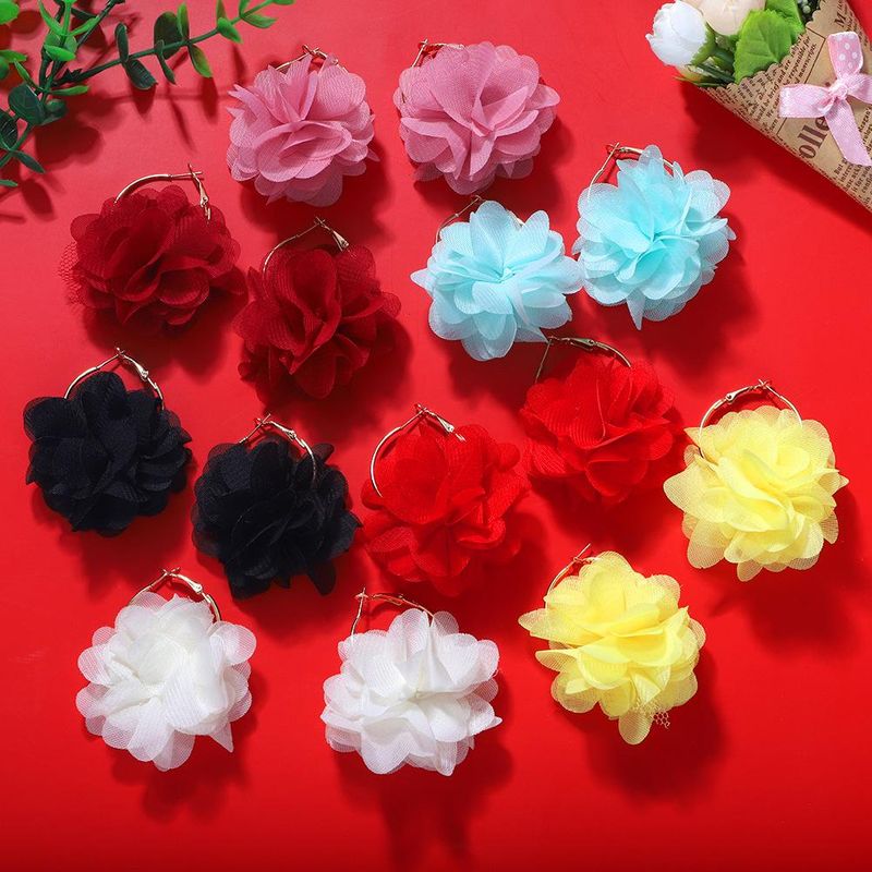 Coréen Nouvelle Mode Tissu Organza Fleur Boucles D'oreilles Croix-frontière Vente Chaude Exquis Tempérament Partie Photographie Oreille Anneaux