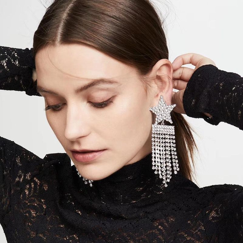 Joyería Geométrica Estrella Aretes Largos De Borla Banquete De Moda Salvaje Pendientes De Diamantes Completos