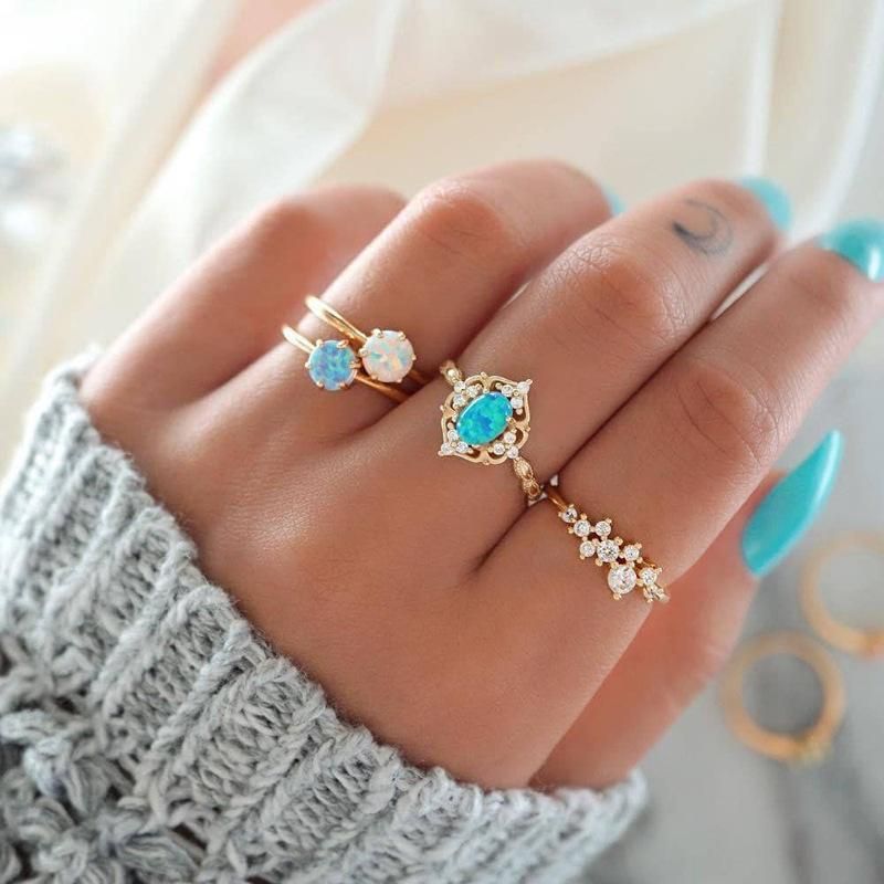 Neuer Europäischer Und Amerikanischer Schmuck Farbiger Diamant Ring 4-teiliges Set Bunter Bonbon Farbener Ring Anzug Gelenk Ring