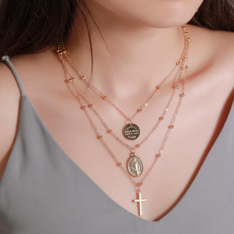 New Necklace Metal Three-layer Alphabet Christian Jesus Pendant Necklace Multilayer Cross Necklace