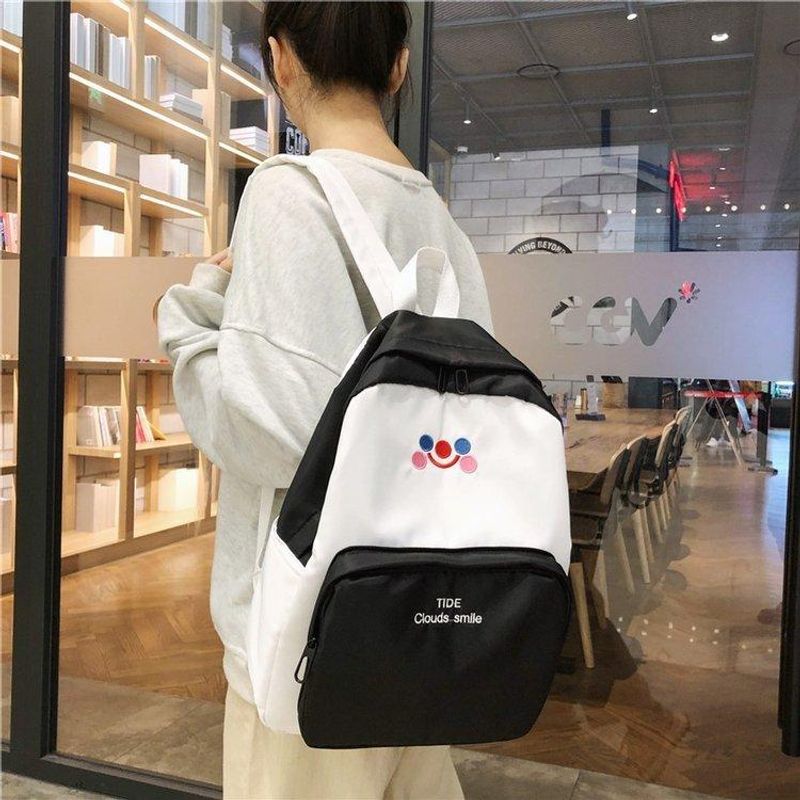 New Fashion Hit Color Embroidery Smiley Shoulder Bag Retro Sense Student Campus Backpack Wholesale